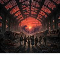 generate an image of a small group of diverse refugees make their way into the shattered ruins of a major railway